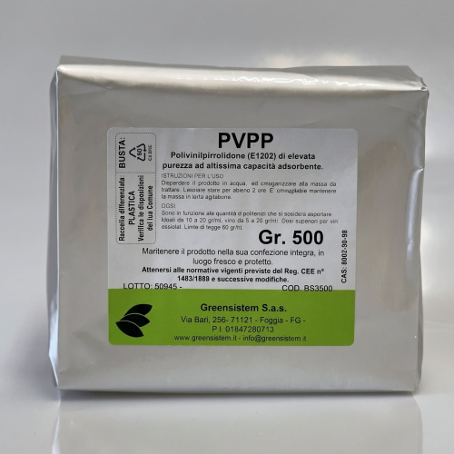 PVPP POLIVINIPOLIPIRROLIDONE GR. 500 - E1201 - ADSORBENTE COMPOSTI POLIFENOLICI / OSSIDAZIONI